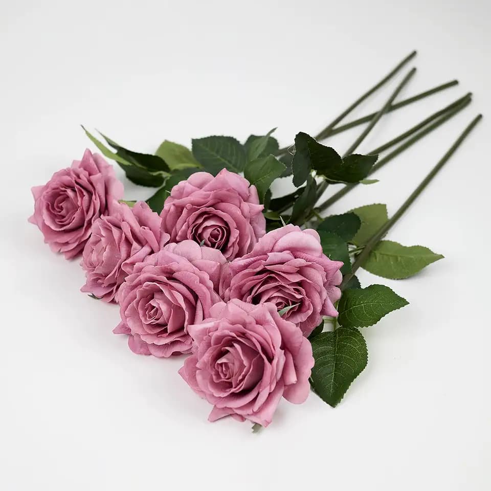 Real Touch Artificial Roses, 6 Stems Faux Flowers (Dusty Purple)