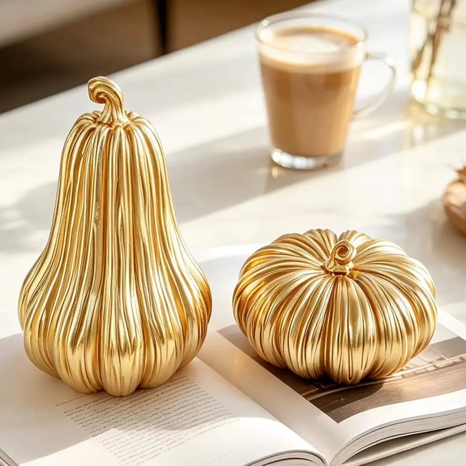 Gold Fall Pumpkin Decor, 2Pcs Resin Pumpkins for Decorating
