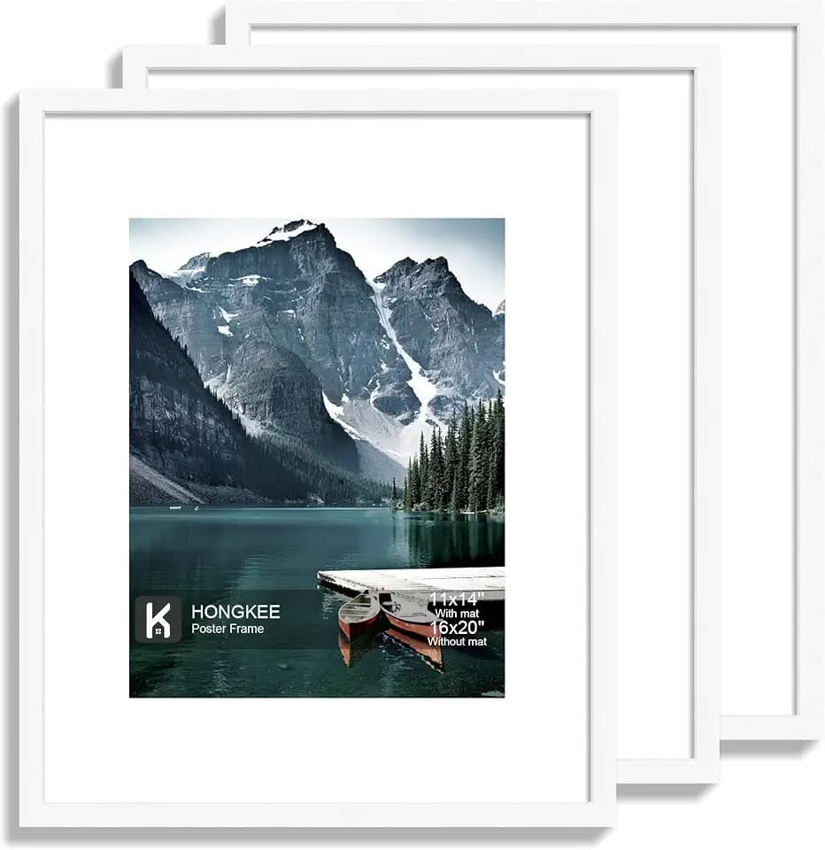 Hongkee 16x20 Picture Frame Set of 3, 16 x 20 White Wood with 11x14 Mat