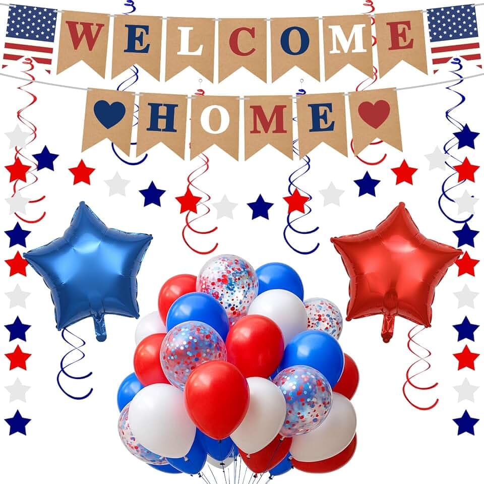 Welcome Home Decorations, Pre-Strung Welcome Home Banner & Balloons Kit with Star Garland | Homecoming Party Supplies for Military, Family Reunion, Travel Return
