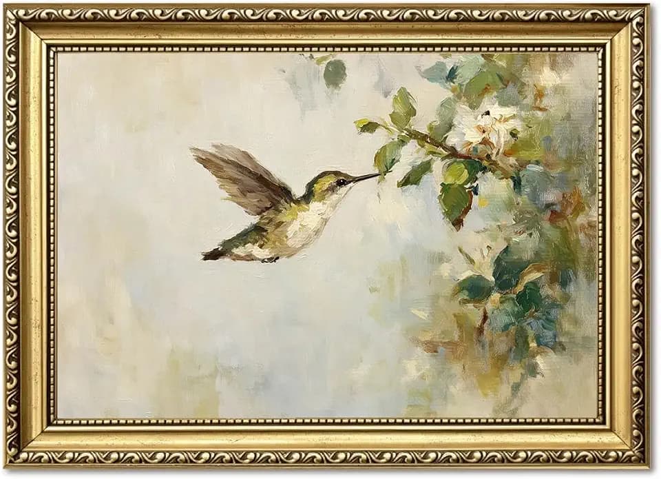 Hummingbird Wall Art Vintage Bird Floral Wall Decor Picture Rustic Cottagecore Animal and Botanical Canvas Painting Print for Living Room Bedroom Bathroom 12x16 inch Gold Framed