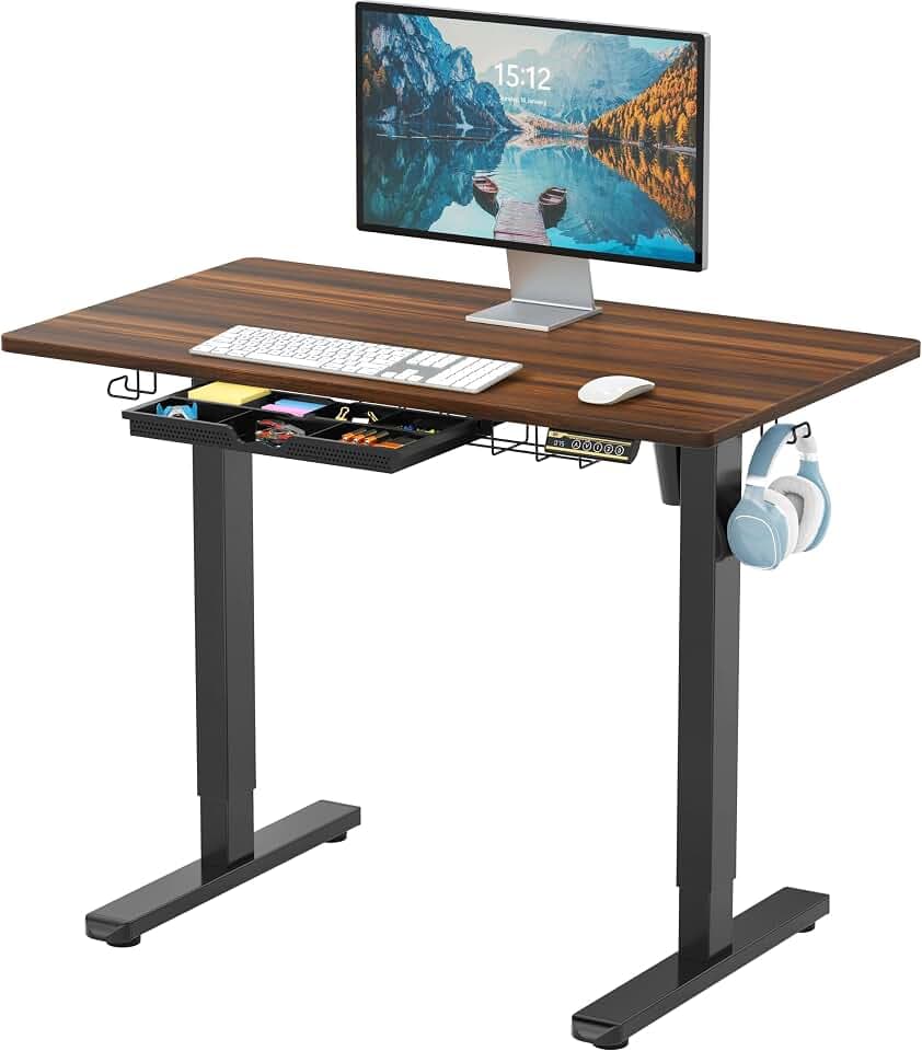 SHW 40-Inch Electric Height Adjustable Standing Desk w/Drawer, Walnut