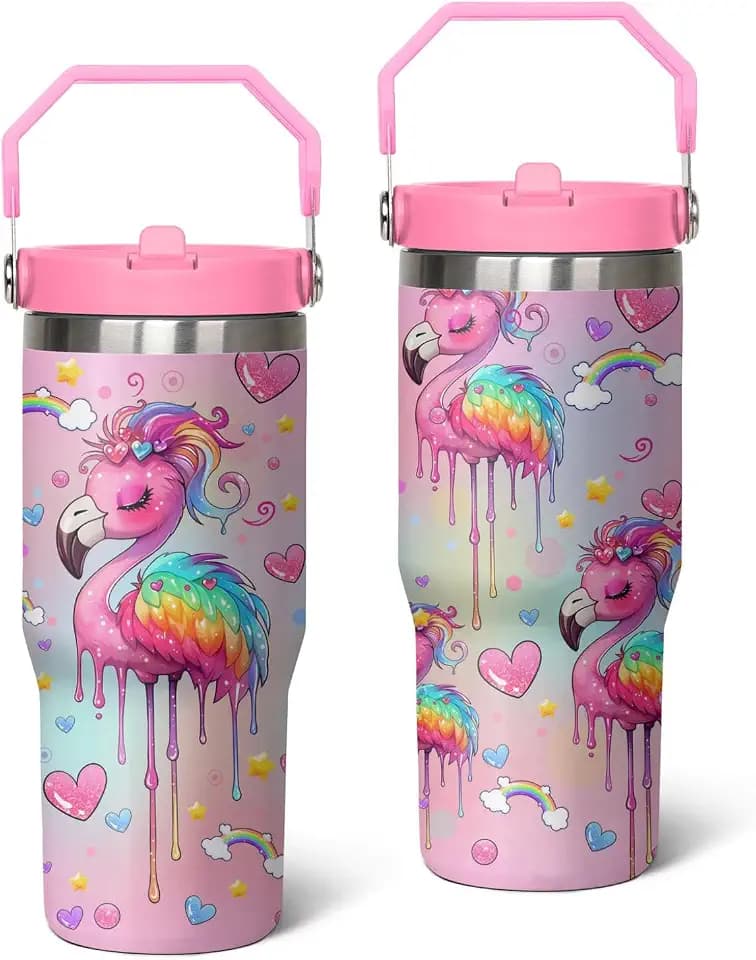 30 oz Flamingo Tumbler with Handle, Large Insulated Tumbler with Flip & Straw Coffee Mug Cup Stainless Steel Gifts for Women Men Youth