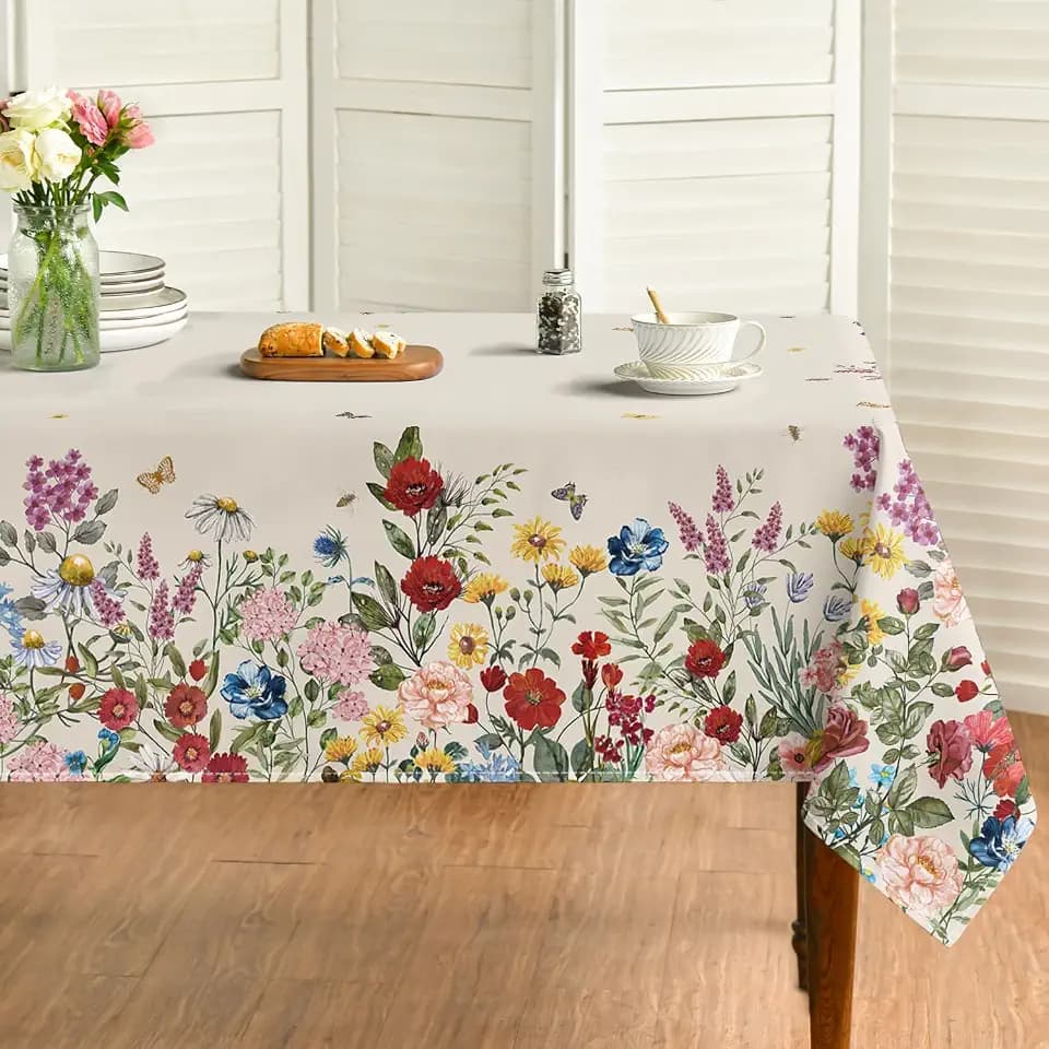 Horaldaily Spring Tablecloth 60 x 84 Inch Rectangular Vintage Flowers Beige