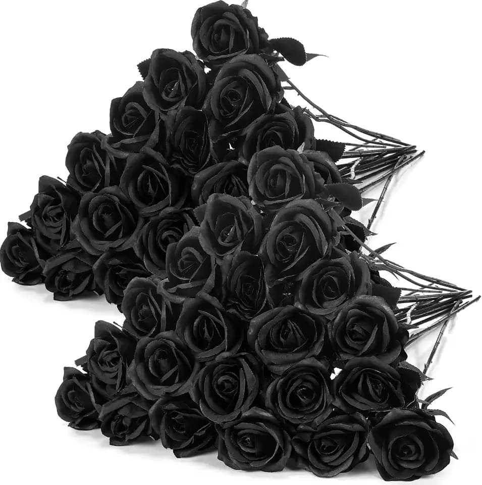 Hotop 40 Pcs Artificial Roses Bulk, Long Stem Fake Flowers, Solid Black