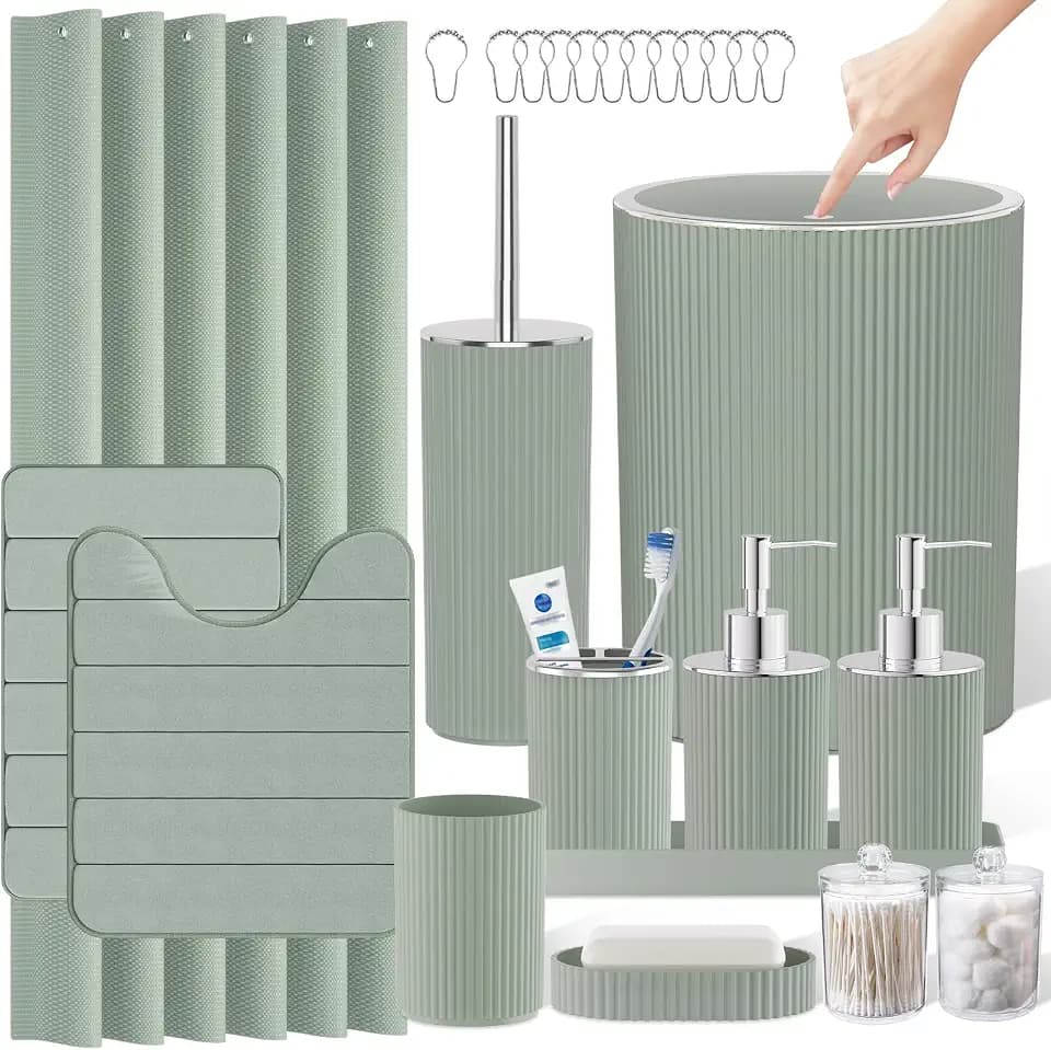 Sage Green Bathroom Decor Set Complete with Shower Curtain and Rugs