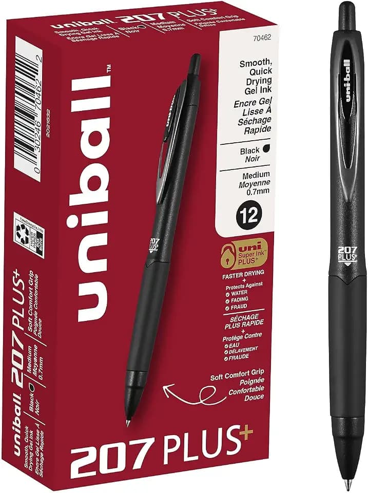 uniball™ 207 Plus+ Gel Pens, Black Ink, 0.7mm Medium Point, 12 Count