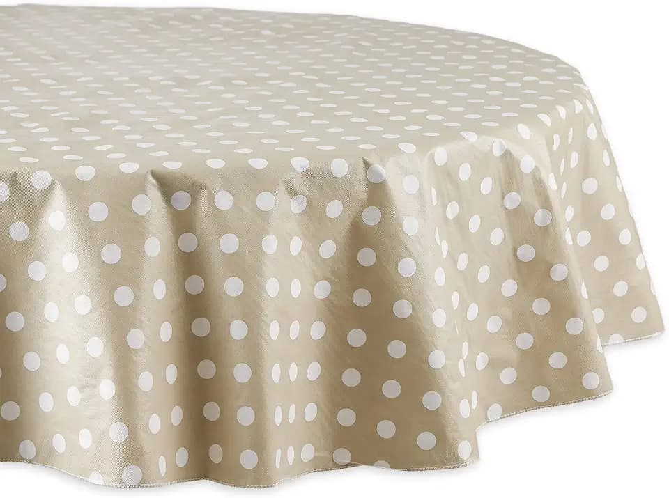 DII Vinyl Tabletop Collection Flannel Backed Polka Dot Tablecloth, 70" Round, Natural