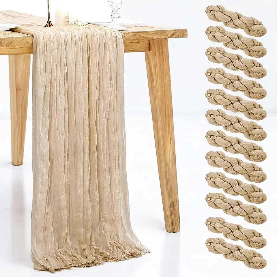 12 Pack Beige Cheesecloth Table Runner, 35x120 Inch Summer Gauze Cheese Cloth Table Runners 10 FT Beige Table Runner for Wedding Baby Shower Birthday Party Table Decors