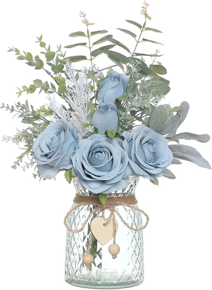 14.5" Artificial Silk Roses with Vase for Home Decoration (Dusty Blue)