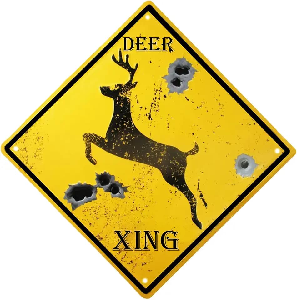TISOSO Metal Running Deer Bullet Holes Crossing Signs Warning Street Road Tin Sign Vintage Outdoor Living Room Kitchen Decorations 12X12Inch