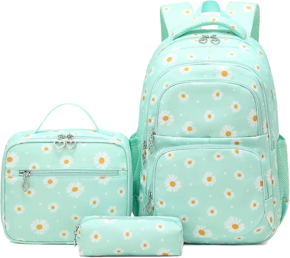 Glodwheat Daisy Printed Backpack For Girls- 3Pc Set With Lunch Box & Pencil Case, Lightweight Water-Resistant Bookbag For Elementary School