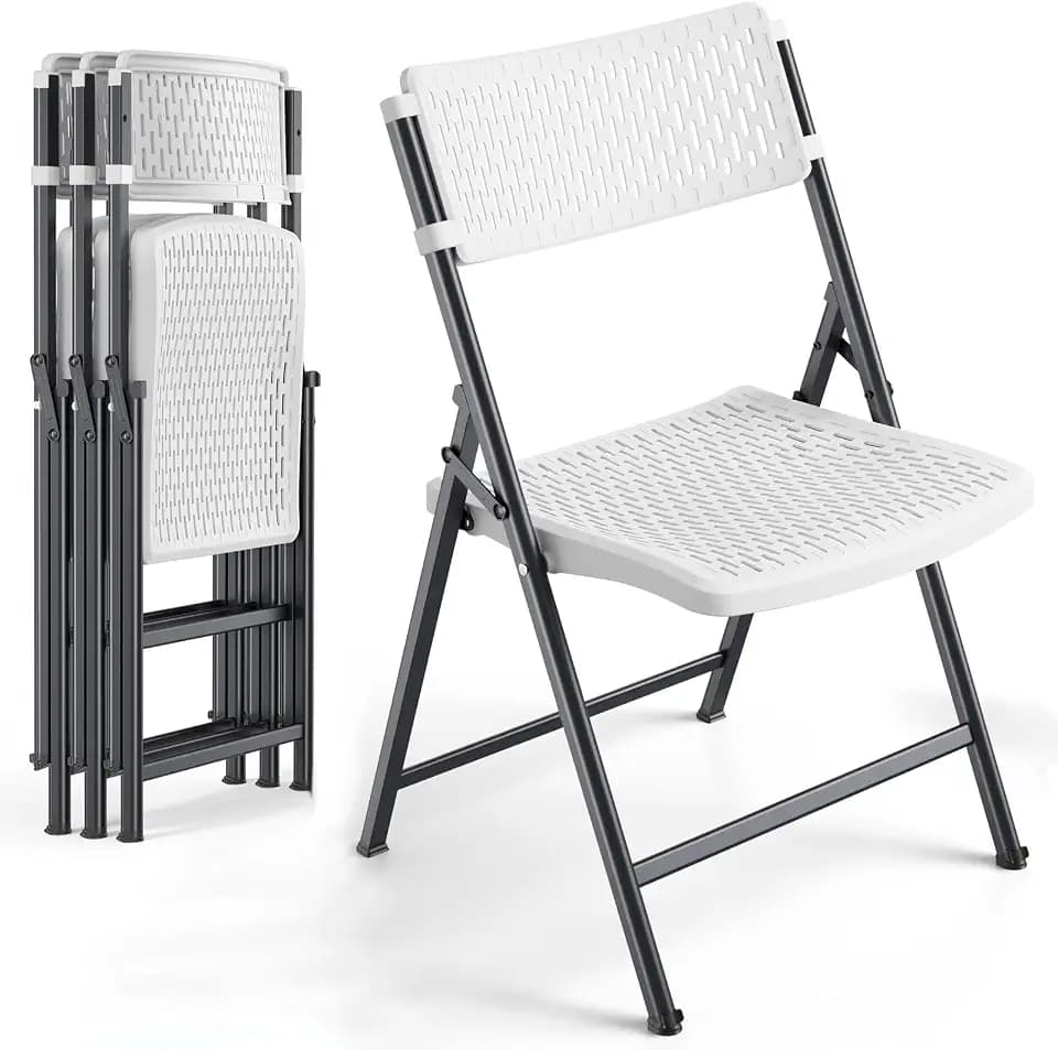 4-Pack White Folding Chairs, Mesh Plastic Seat with Steel Frame, 400 lbs Capacity, Non-Slip Pads, Easy Clean for Indoor/Outdoor Weddings, Patios & Card Tables