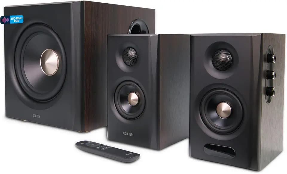 Edifier S355DB 2.1 Hi‑Res Lautsprechersystem – 150W RMS, 5.8GHz Wireless Subwoofer, HDMI eARC, LDAC Bluetooth 6.0, USB‑C, Optisch, Coaxial, Tri‑Amp DSP, Premium Design (Walnuss-Dekor)