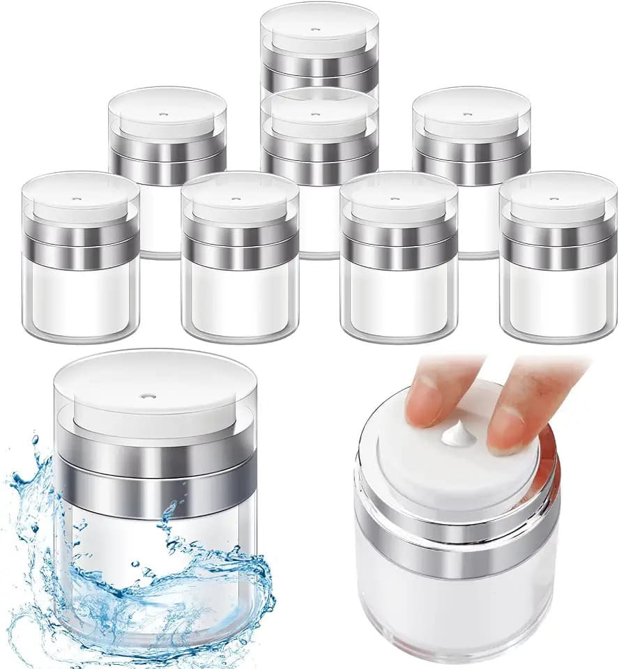 Pinkunn 8 Pcs Empty Airless Pump Jar Refillable Cosmetic Container Airless Pump Bottles Portable Travel Dispenser Leakproof Vacuum Bottle Moisturizer Container for Creams Gels Lotions(1 oz)