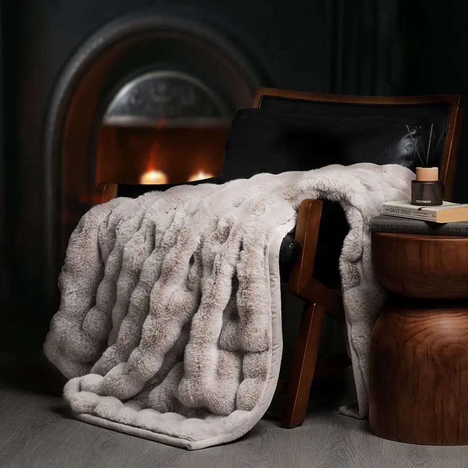 EverGrace Faux Rabbit Fur Bubble Throw Blanket, 60"x80", Taupe