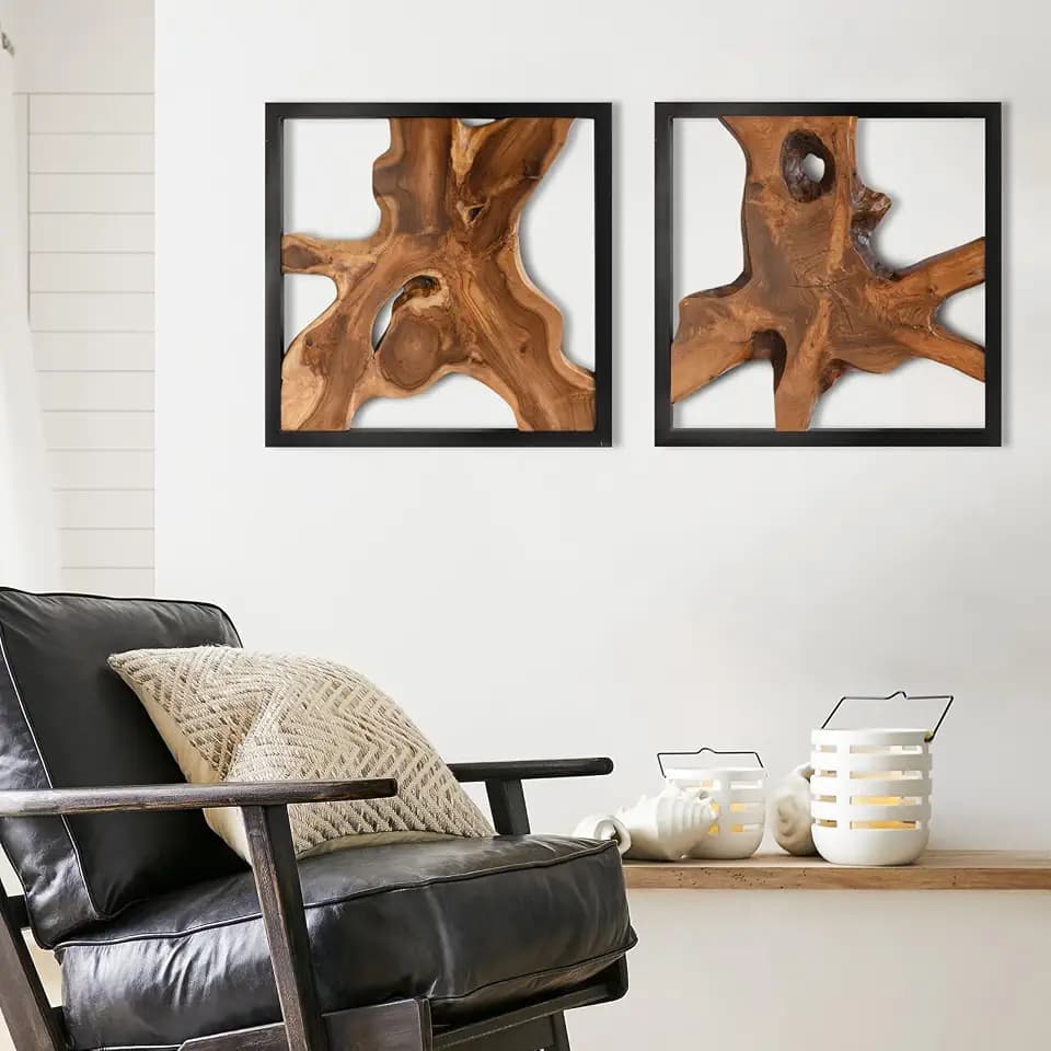 JOLLYMER 2 Pack 17" Live Edge Teak Wood Wall Art with Black Frames