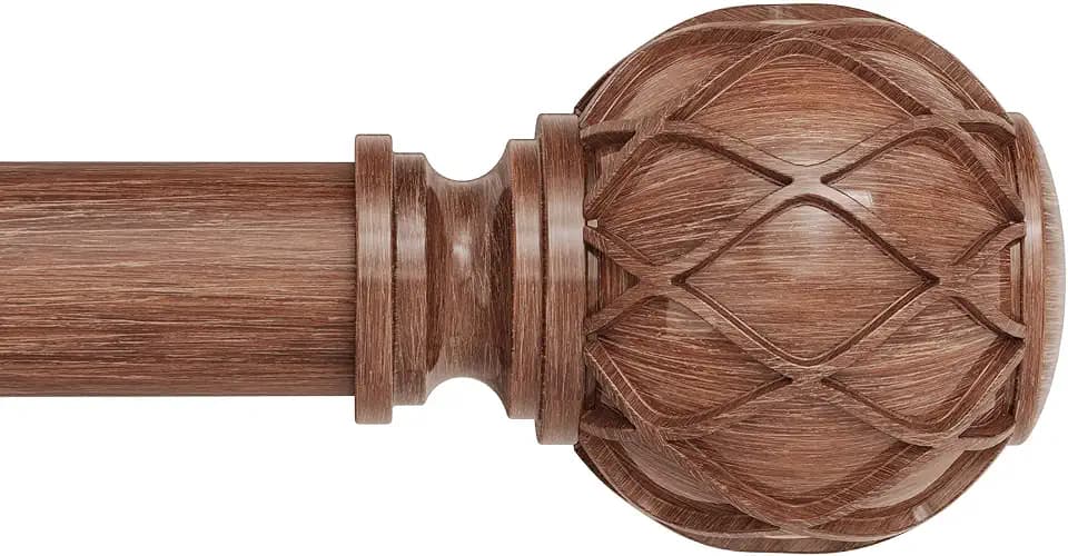 Wood Curtain Rods, 1'' Decorative Adjustable Farmhouse Boho Curtain Rod for Windows 72 to 144 Inch(6-12 Feet), Heavy Duty Rustic Drapery Pole with Netted Texture Finials, Brown Wood, 30''-144''