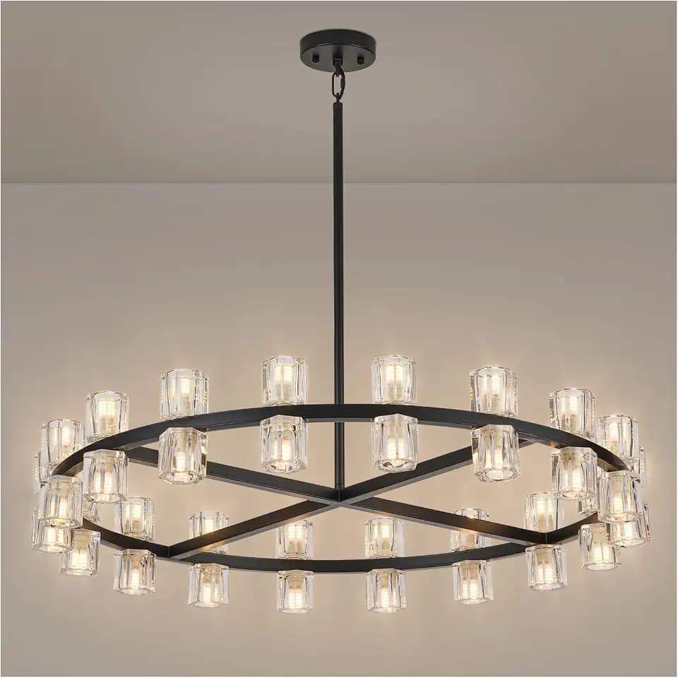 36 Inch Black Crystal Wagon Wheel Chandelier, Modern Farmhouse Round 36-Lights Pendant Lighting Fixture, for High Ceilings Living Room, Bedroom, Foyer