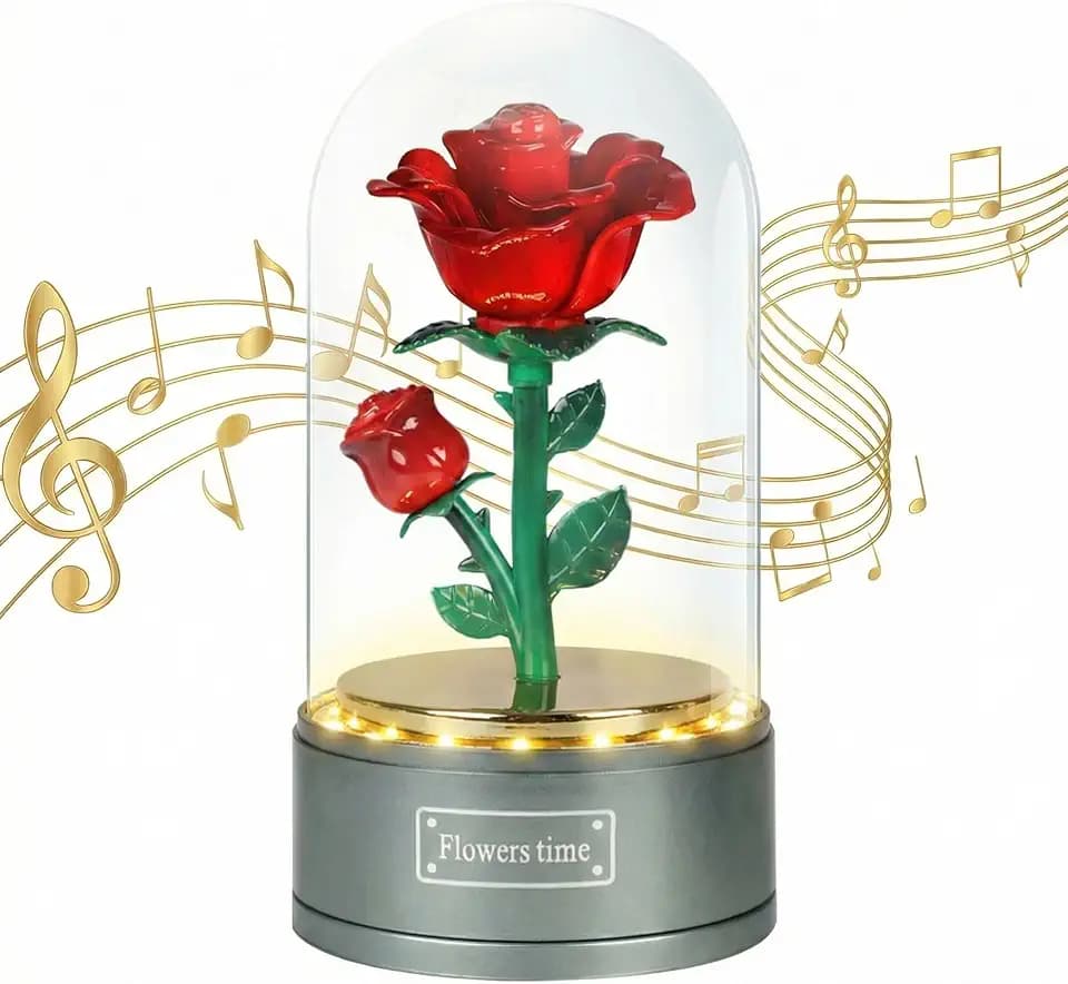 SWEETIME Beauty and The Beast Rose Musical Box,Light Up Red Rose in Glass Dome,Music Box Gift for Girlfriend Wife Mother Valentines Day Mothers Day Christmas