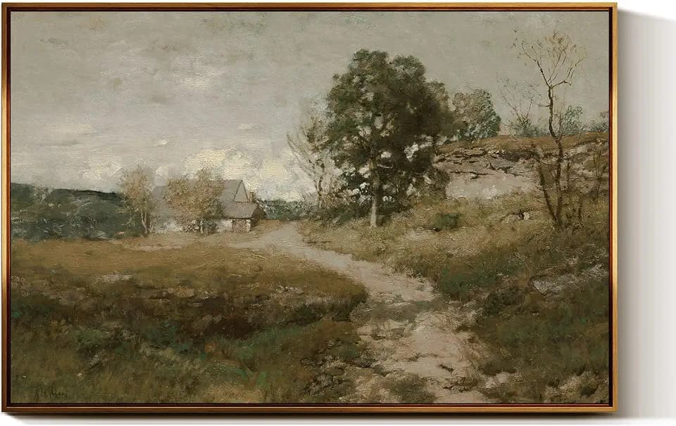 InSimSea Golden Framed Vintage Canvas Wall Art Arkville Landscape Rustic Country Road Home Decor 24x36in, Outskirts Classical Painting Prints for Livingroom Bedroom Wall Decor Nature Gallery Art