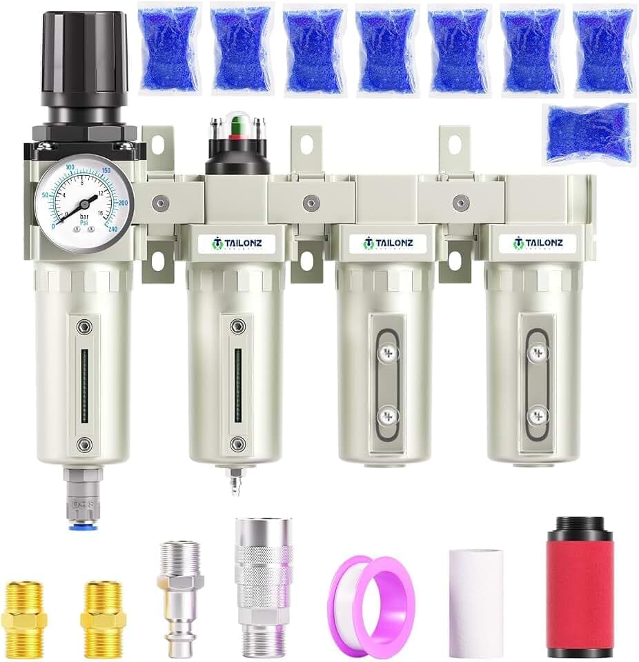 TAILONZ PNEUMATIC 0-240 PSI 1/2 Inch NPT Industrial Grade 4-Stage Air Drying System, Particulate Filter, Dual Desiccant Dryer, 5 Micron & 0.01 Micron Filtration (Auto Drain)