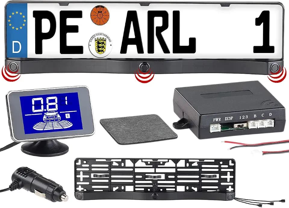 Lescars Rückfahrhilfe: Funk-Ultraschall-Einparkhilfe in Kennzeichen-Halter, mit LCD-Display (Einparkhilfe ohne Bohren, Parksensoren, Kfz)