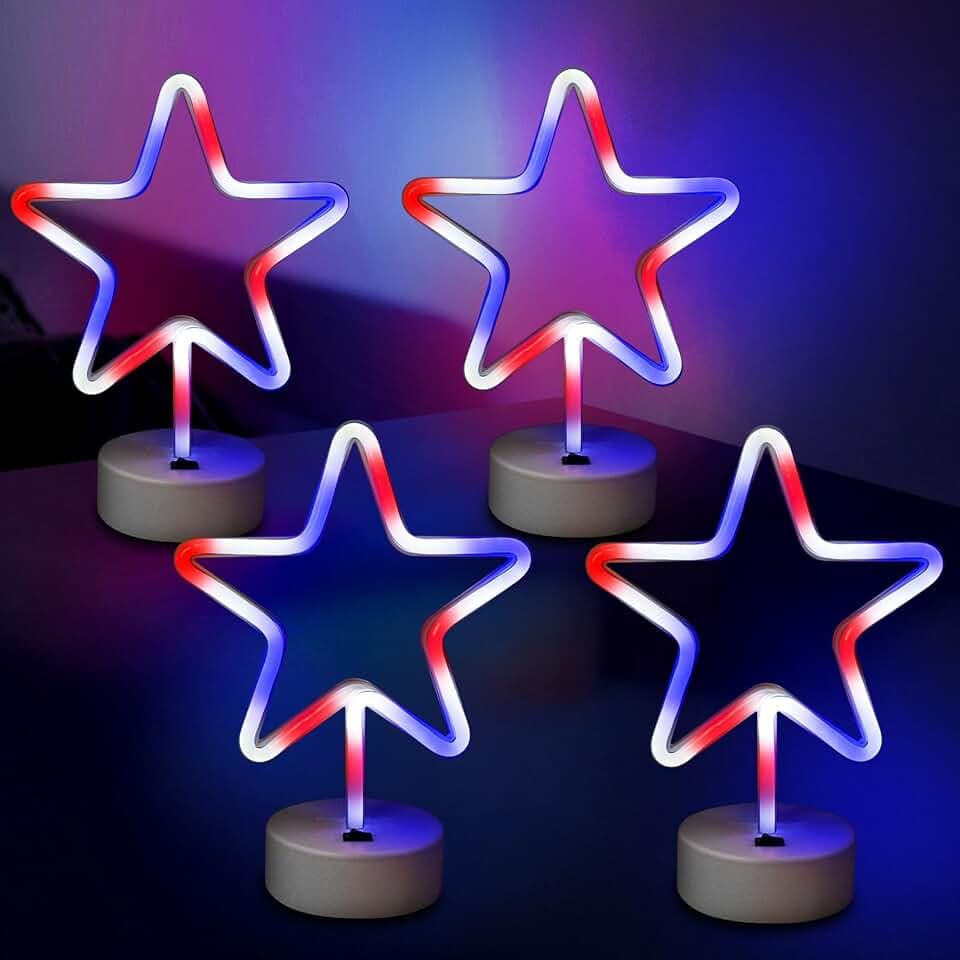 4 Pack 4th of July Decorations Patriotic Lights, LED Neon Star Signs Battery/USB Powered, Red White Blue Lights with Base for Home, Tabletop, Desk, Mantle, Room, Centerpiece Independence Day Decor