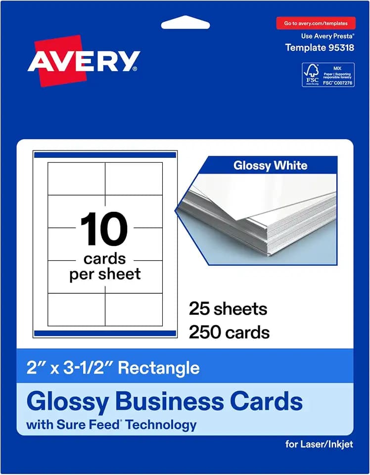 Avery® Printable Rectangle Business Cards, Sure Feed® Technology, 2" x 3-1/2", Glossy White Cardstock, Laser/Inkjet Printable, 250 Total