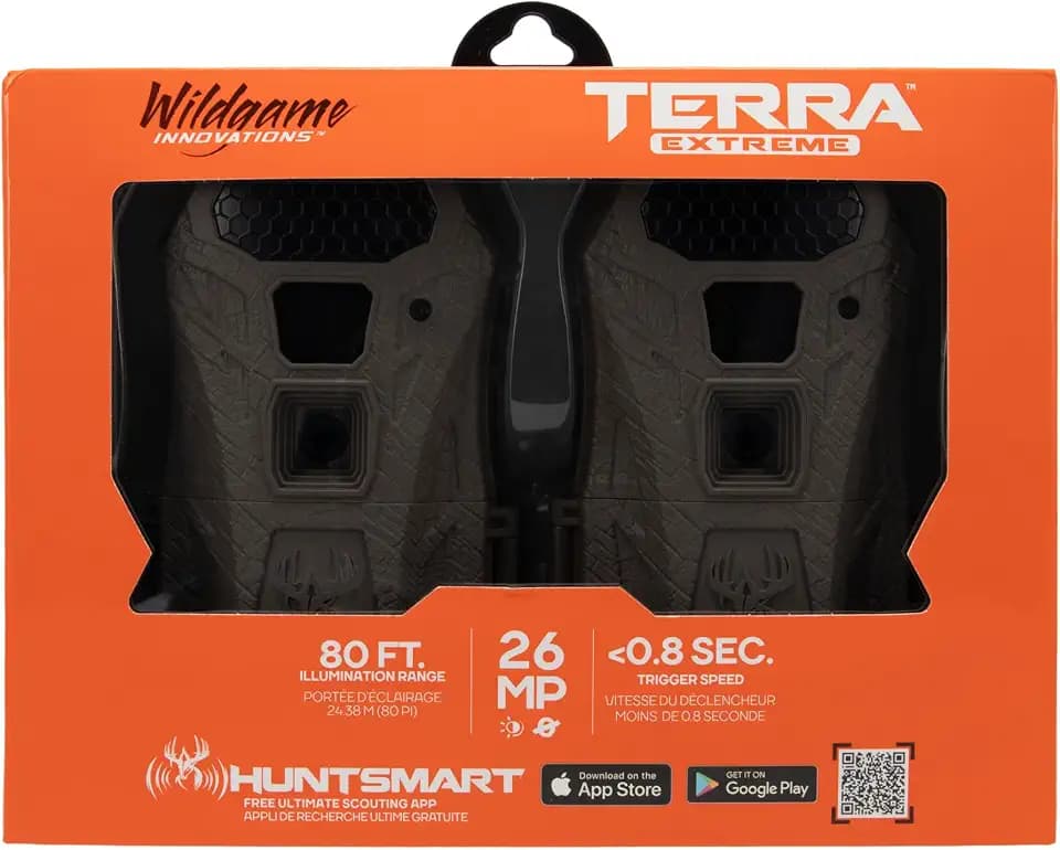 Wildgame Innovations Terra Extreme Trail Camera 2-Pack, 26MP Game Camera, 80 ft Night Vision, <0.8s Trigger Speed, HD 720p Video, PIR Motion Sensor, Hunting & Wildlife Monitoring