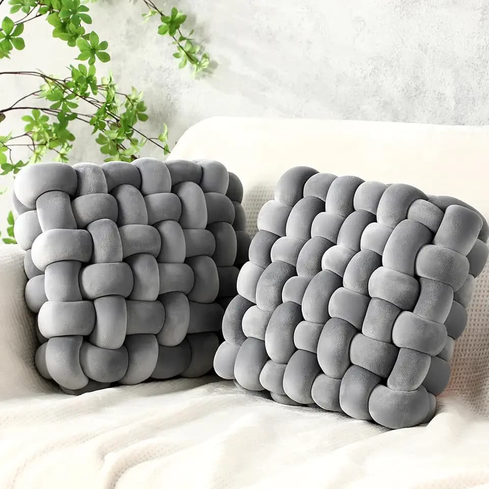 Wenqik 2 Pcs Knot Pillows Square Throw Pillow, Light Gray, Crystal Velvet