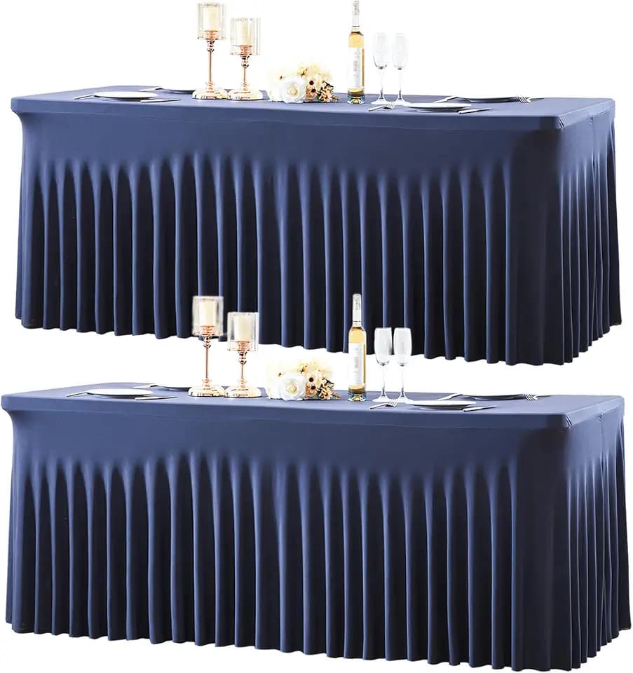 2 Pack 8ft Navy Blue Spandex Table Cloths for Rectangle Tables Wrinkle Free Rectangle Tablecloths, Stretch Fitted Table Cover with Skirt for Birthday Party Wedding Banquet Baby Shower Buffet Event