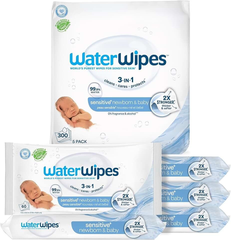 WaterWipes Sensitive+ Newborn & Baby Wipes, 3-In-1 Cleans, Cares, Protects, 99.9% Water, Unscented & Hypoallergenic, 300 Count (5 Packs)