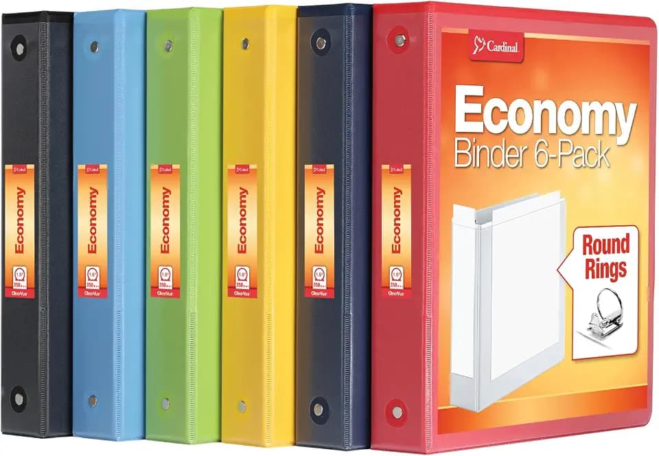 Cardinal 3 Ring Binders, 1.5 Inch, Round Rings, Holds 350 Sheets, ClearVue Presentation View, Non-Stick, Assorted Bright Colors, 6 Pack (79557)