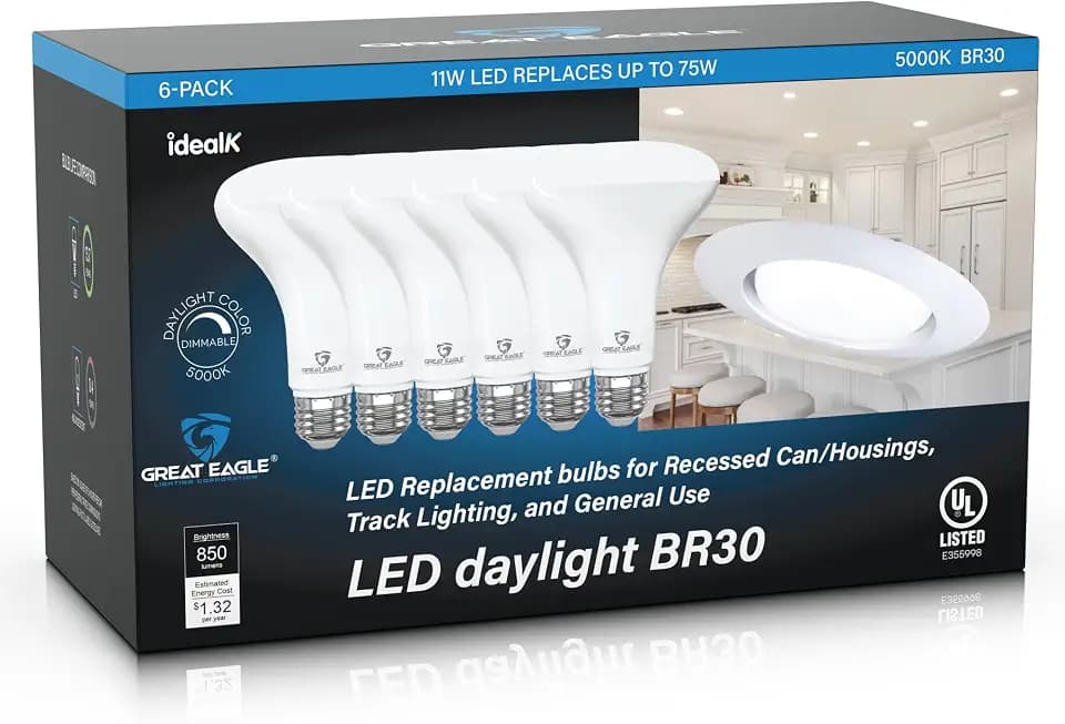 Great Eagle Lighting Corporation BR30 LED Bulb, 11W (75W Equivalent), 850 Lumens, 5000K Daylight Color, for Recessed Can Use, Dimmable, and UL Listed (6 Pack)