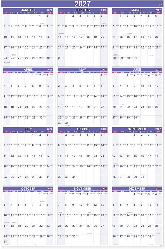 2027 Yearly Wall Calendar - 2027 Wall Calendar, Jan 2027 - Dec 2027