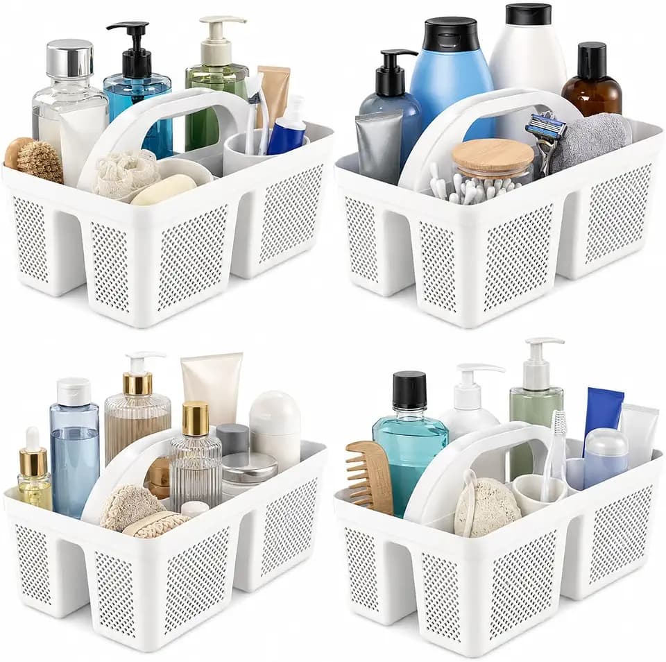 Portable Shower Caddy with Handle - 4 PCS, BPA-free, White