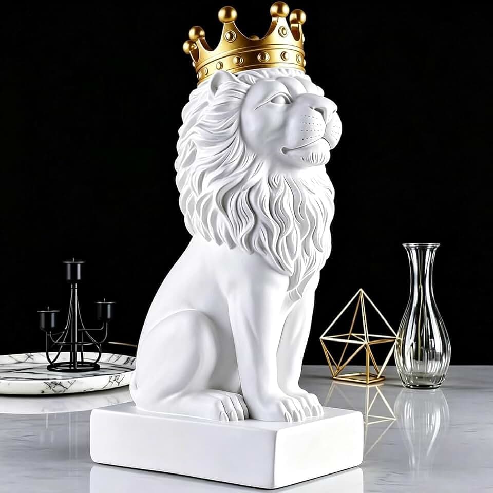 White Lion Figurine,Tilted-Head Lion King,Bookshelf Decor,Mens Room Decor