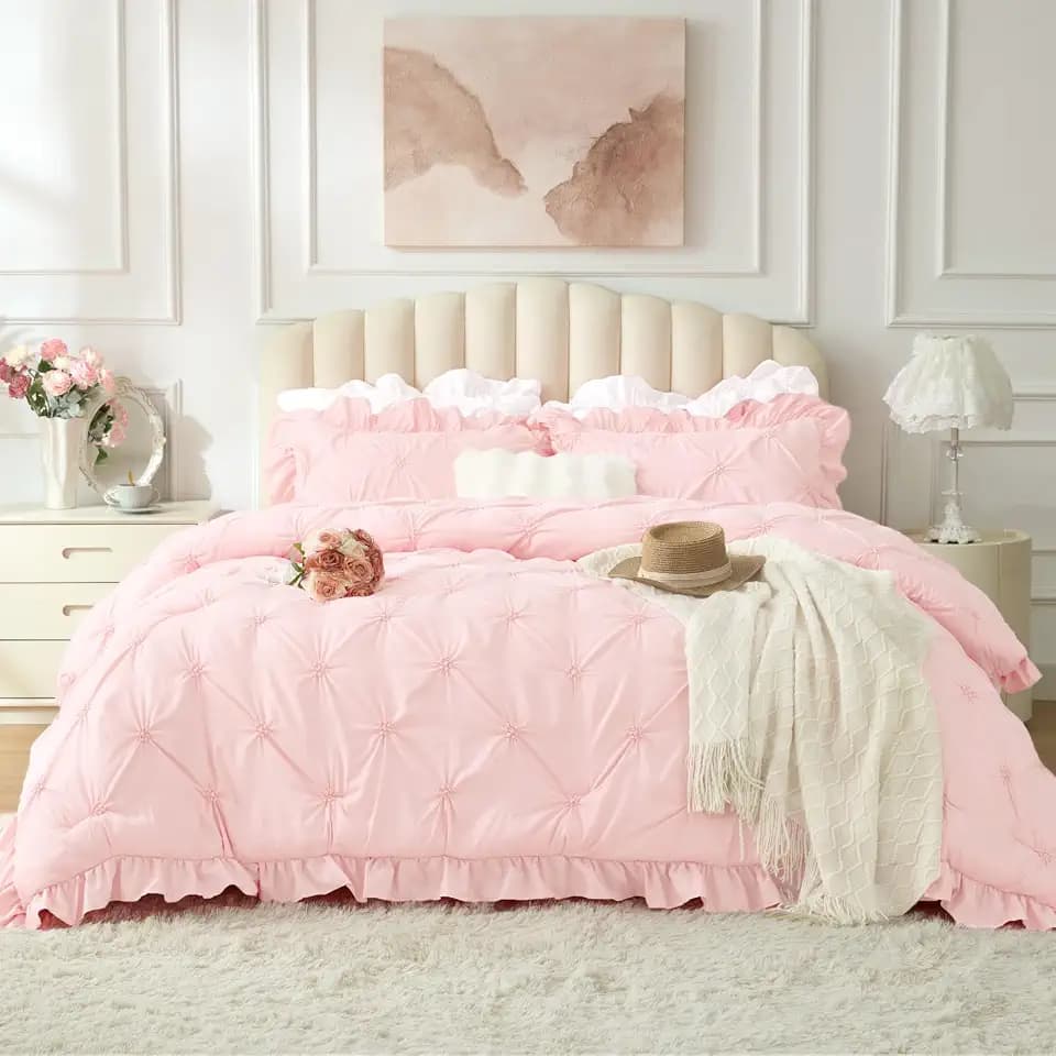 BEDELITE Queen Comforter Set Ruffle-Baby Pink,Fluffy & Soft Comforter