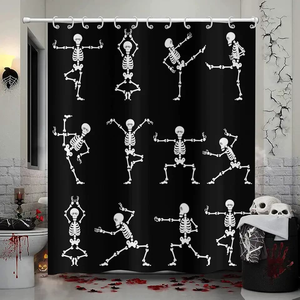 Halloween Shower Curtain, Cartoon Funny Skull Skeleton Dancing Bathroom Curtain Halloween Party Retro Bath Curtain Waterproof Fabric Machine Washable with 12 Hooks, 72"X72"