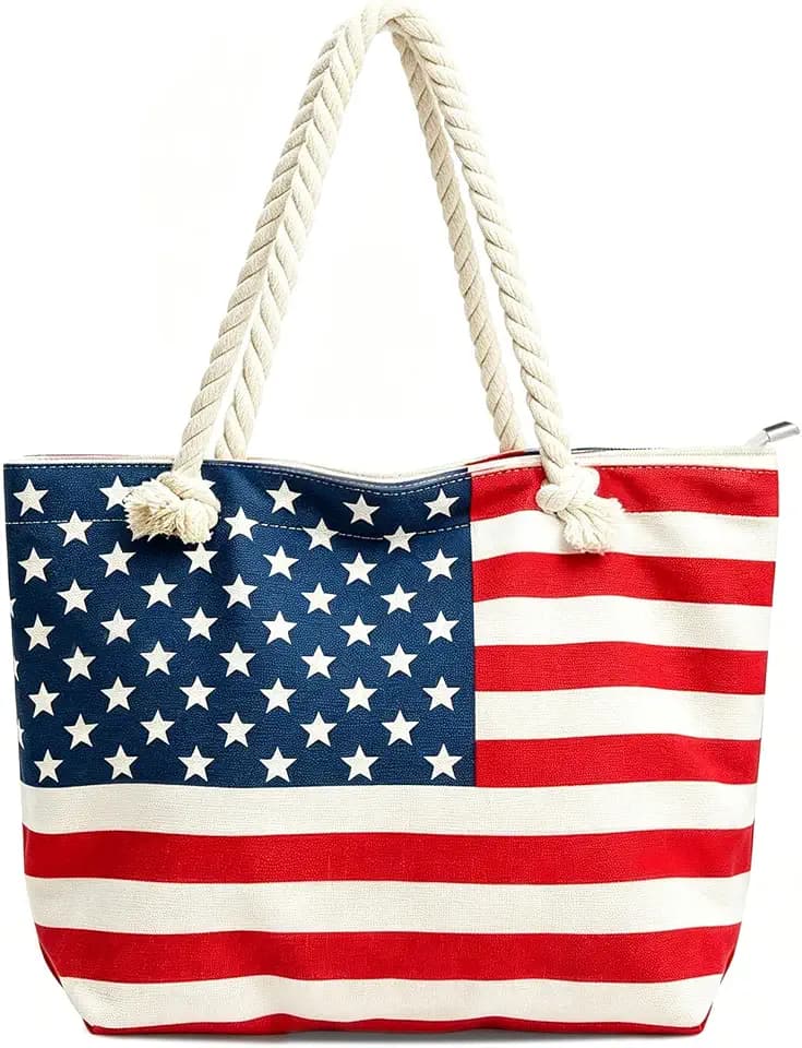 American Flag Canvas Tote Bag with Zipper, Large Capacity Beach Bags for Women, Travel Shoulder Bag