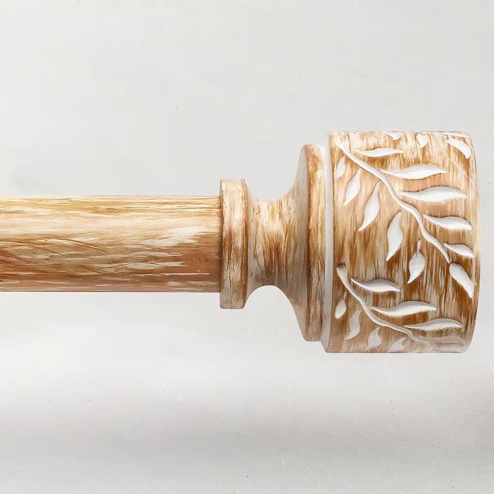 Boho Wood Curtain Rods for Windows 48 to 84 Inch, 1" Diameter Adjustable Heavy Duty Curtain Rod with Imitation Wooden Grain Leaf Pattern Finials, Rustic Decorative Drapery Rods, Size 32"-90"