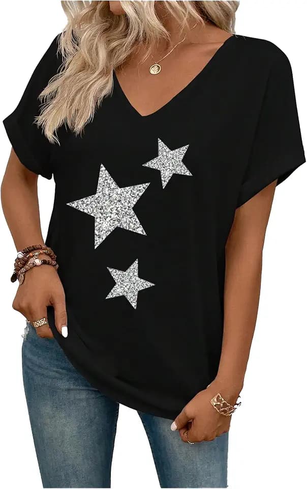 SweatyRocks Women's V Neck Dolman Short Sleeve Star Print Tee Shirts