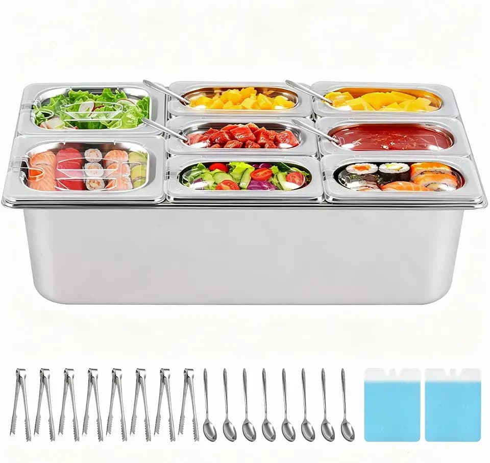 Ice Cooled Condiment Serving Container 8 Pans (6 Pans×1Qt & 2 Pan×1.6QT) with Ice Packs for Salad Pizza Sauce Cold Serving Tray Food Cooler for Parties Buffet
