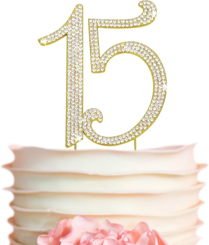 15 Cake Topper - Gold Rhinestone - 15th Birthday or Anniversary Decorations