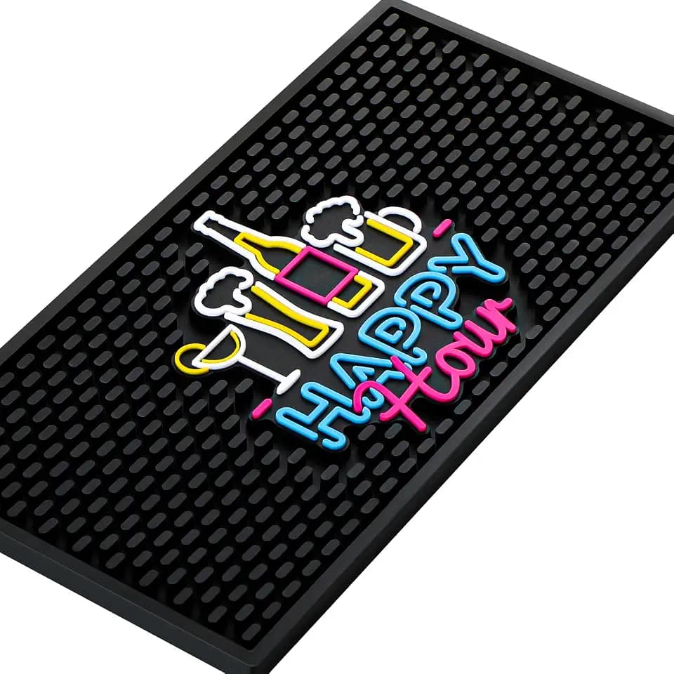 Preboun Bar Mat for Countertop with Fluorescent Pattern Thick Rubber Non Slip Black Bar Spill Mats for Coffee Kitchen Restaurants Entertaining Home Service(1 Pcs,12 x 6 Inch)