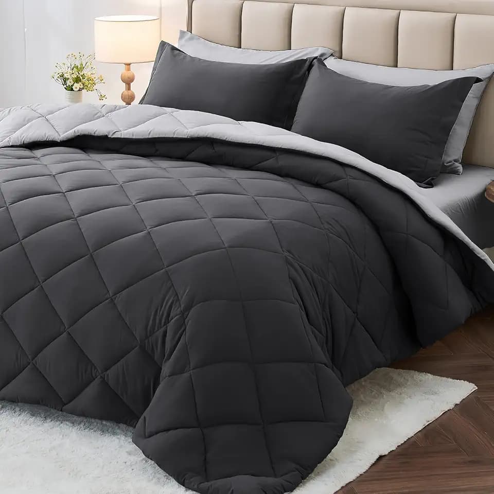 Queen Comforter Set 7 Pieces, Reversible Bed in a Bag, Dark/Light Grey