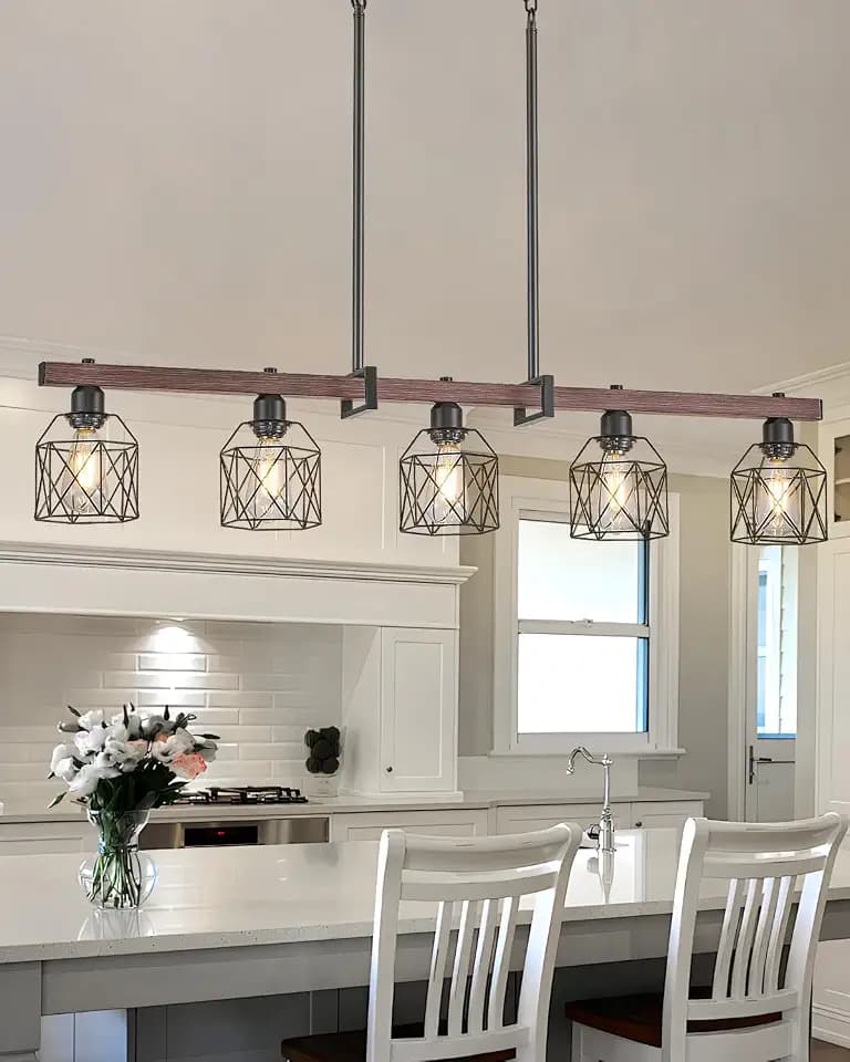 5-Light Industrial Kitchen Island Lighting with Wood Grain Bar and Black Metal Cage, Farmhouse Rustic Hanging Ceiling Lamp for Dining Room, Living Room