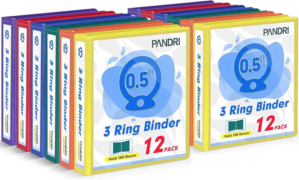 PANDRI 12 Pack 0.5-inch 3 Ring Binders with 2 Interior Pockets, 6 Colors