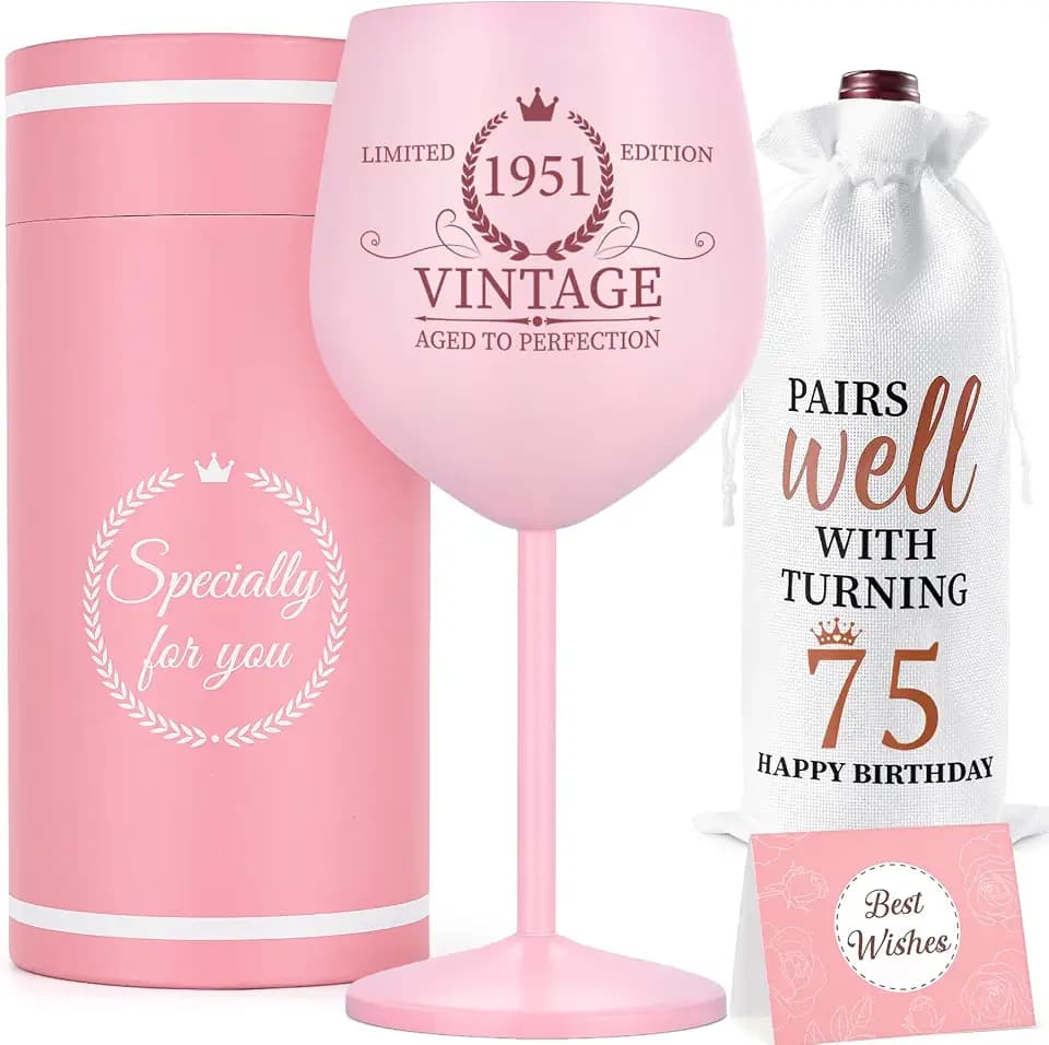 Lifecapido 75th Birthday Gifts for Women, Vintage 1951 Birthday Wine Glass